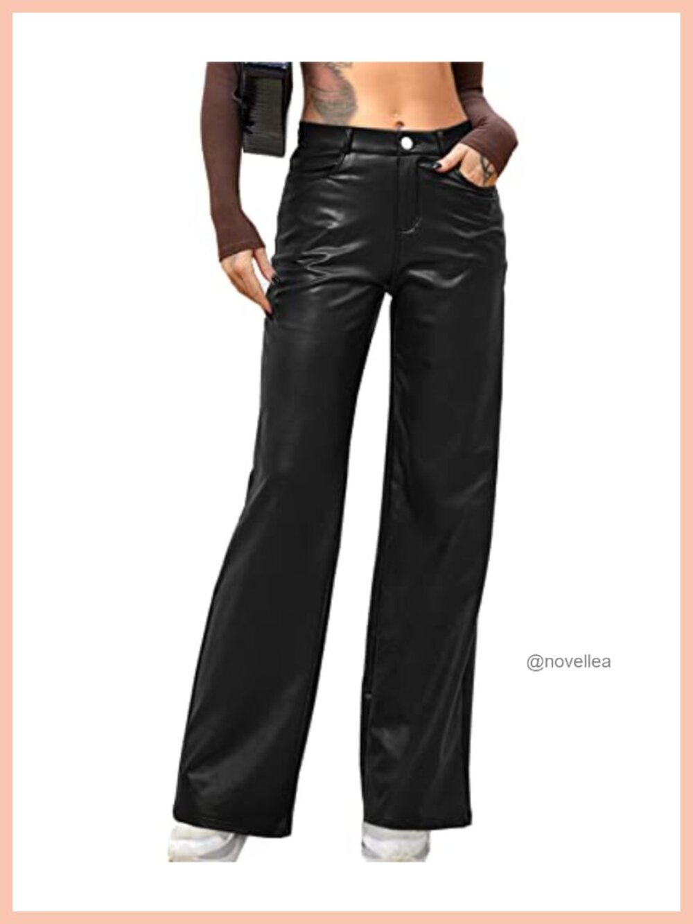 Women Faux Leather Wide Leg Bell Bottom Flare Pants High Waisted